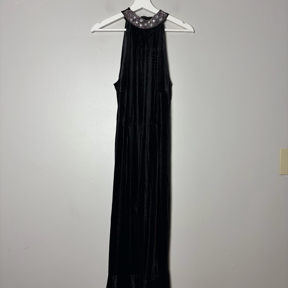 Venus Black Velour Mock Neck Beaded Formal Jump Suit Women's Large‎